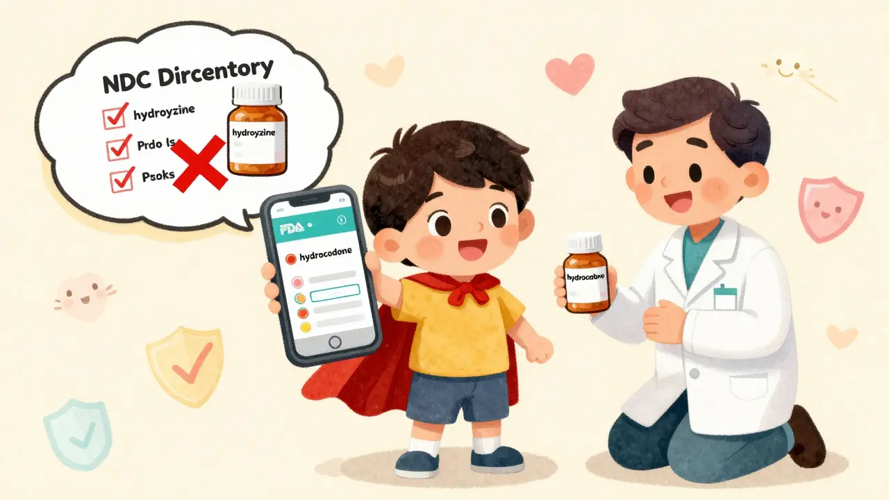 A child compares a phone screen showing drug info to a pill bottle, with a red X marking a mismatched medication.