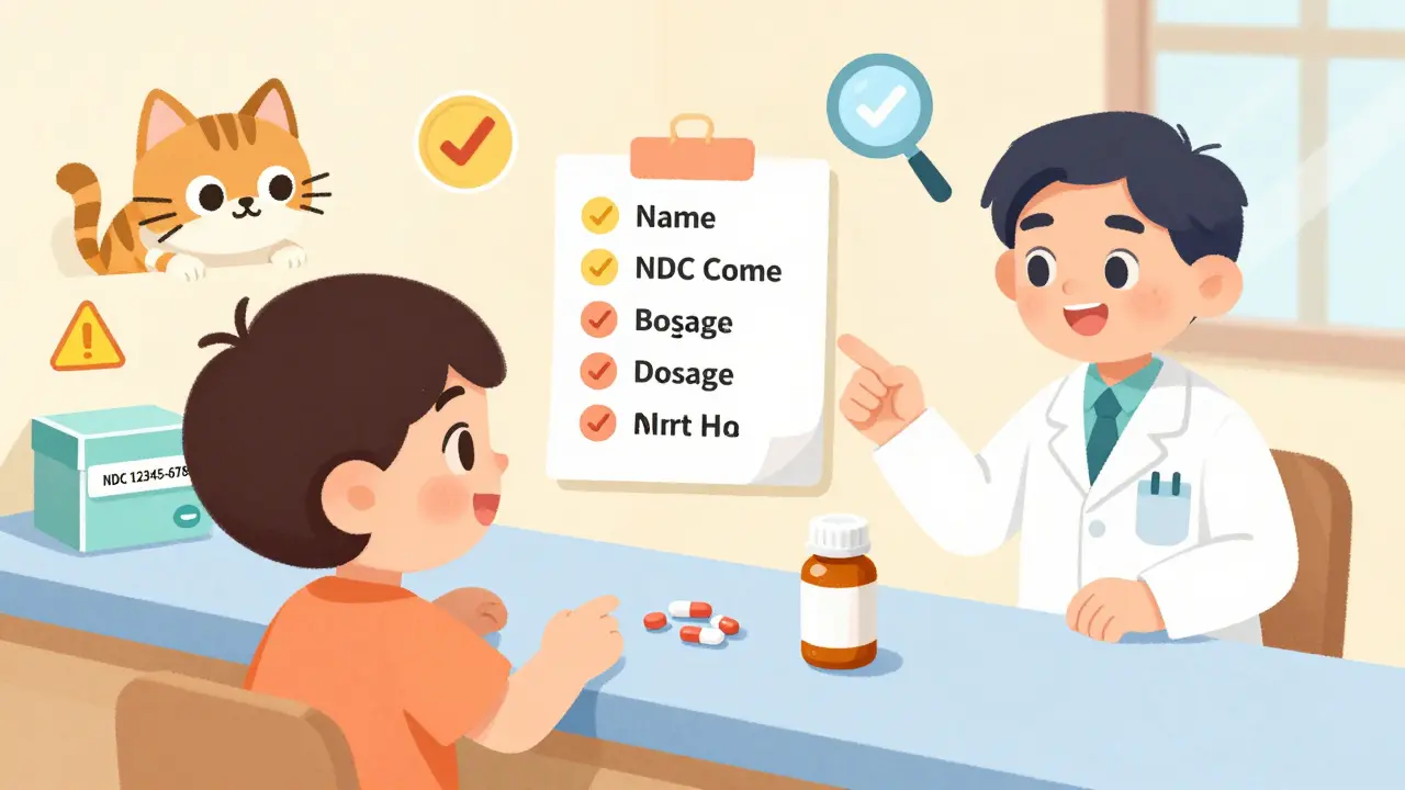 A child counts pills at the pharmacy counter while a checklist and medicine box with NDC code appear nearby.