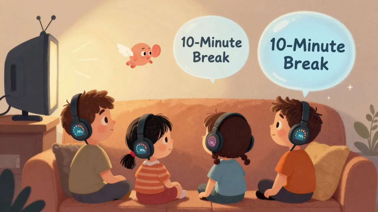 A family using headphones at 70% volume, while a tiny ear flies away from a loud TV monster into a quiet break bubble.