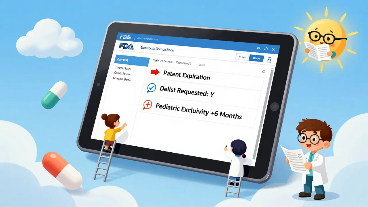 A floating digital tablet displays FDA Orange Book data with animated arrows pointing to patent expiration and exclusivity details.
