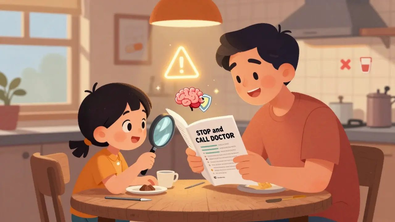 A parent reads a Medication Guide aloud to a child, highlighting bold safety warnings.