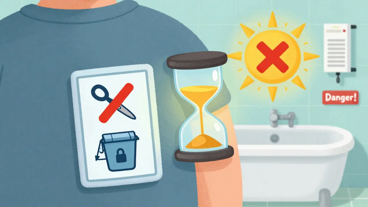 A patch on skin with icons warning against heat and cutting, and instructions to fold and dispose safely.