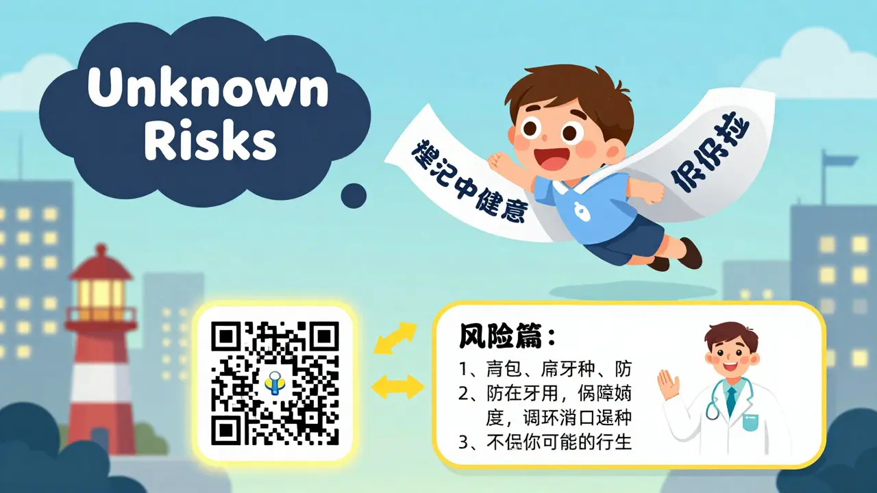 A superhero Medication Guide flies to protect someone from hidden health risks.