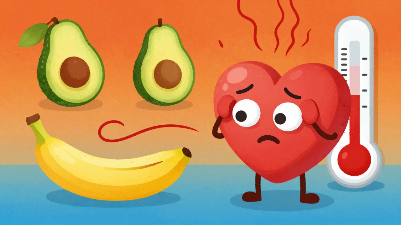 Cartoon heart character showing distress near ripe fruit and pressure gauge.
