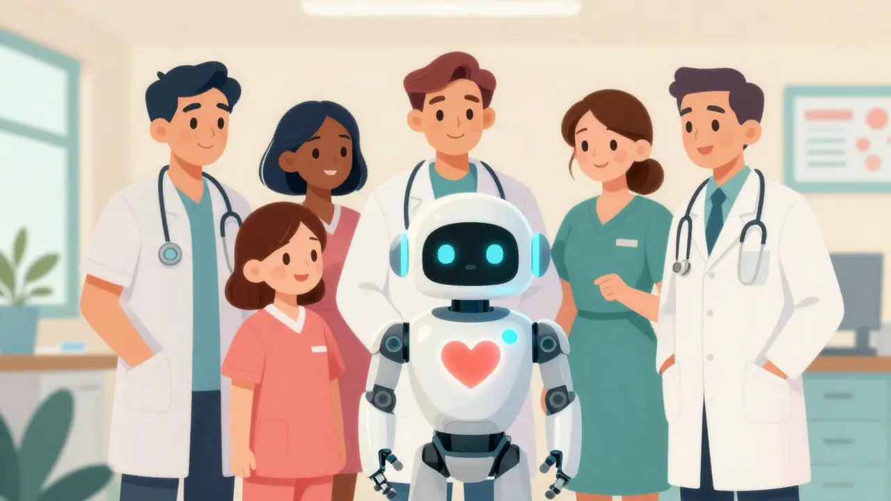 Diverse medical team collaborating with friendly robotic assistant in clinic.
