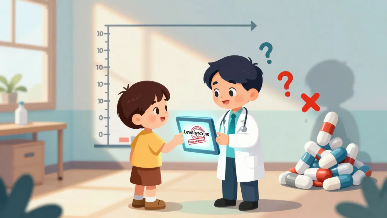 Doctor points to a branded thyroid medication as a growth chart rises, while generic pills with X's fade into darkness behind them.