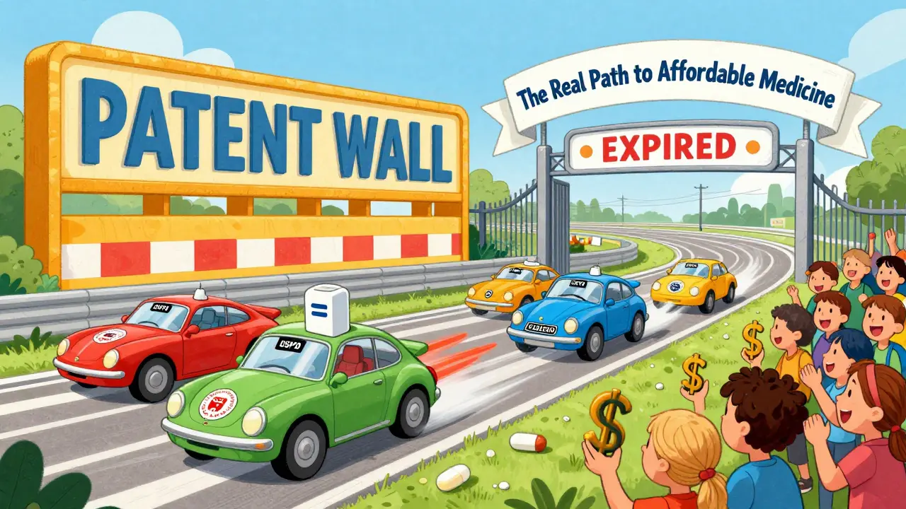 Generic drug vehicles race past a patent wall while branded drugs are blocked, with patients cheering under a banner about affordable medicine.