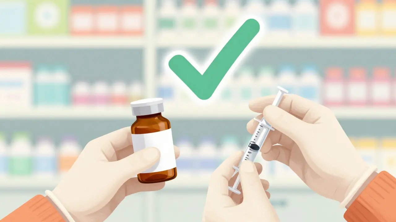 Hands checking pill bottle and syringe with floating checkmark symbol.