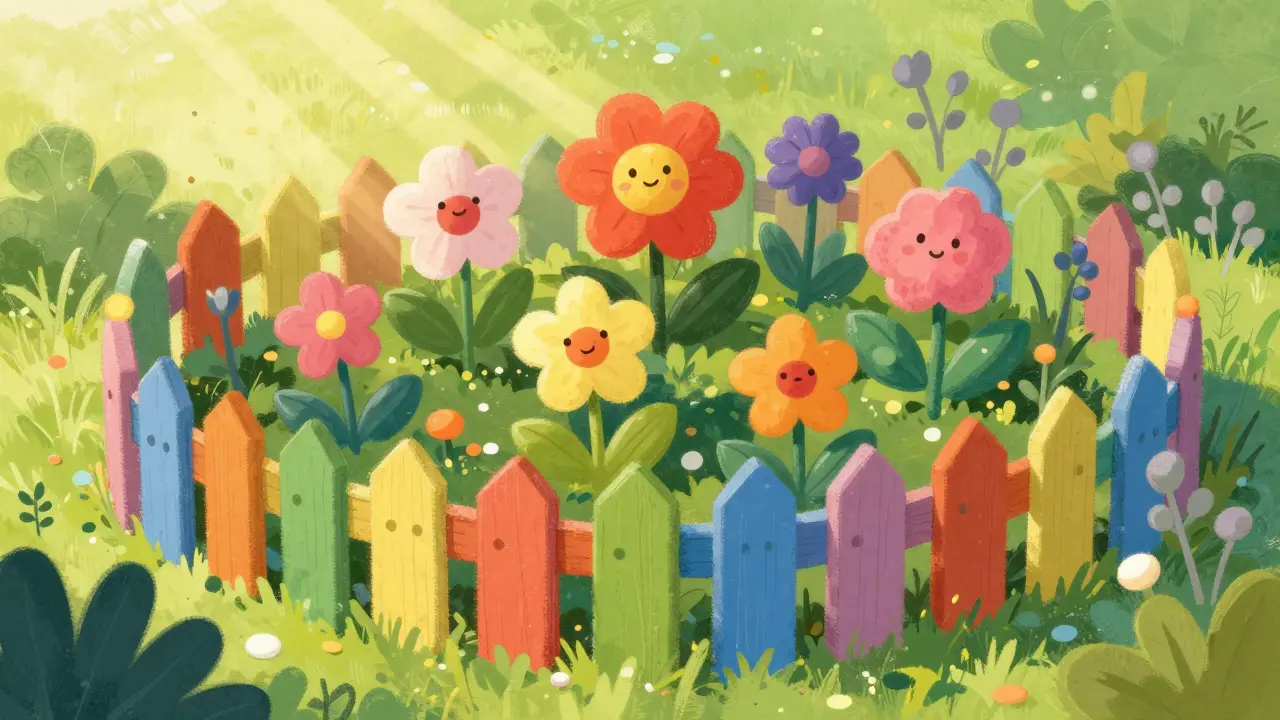 Medicine garden with fence protecting flowers from weeds.