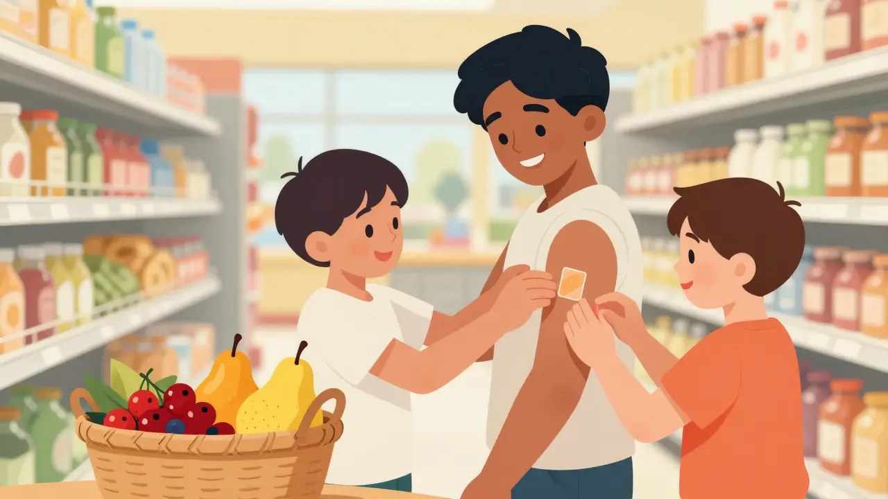 Person with medication patch standing near a basket of safe food.