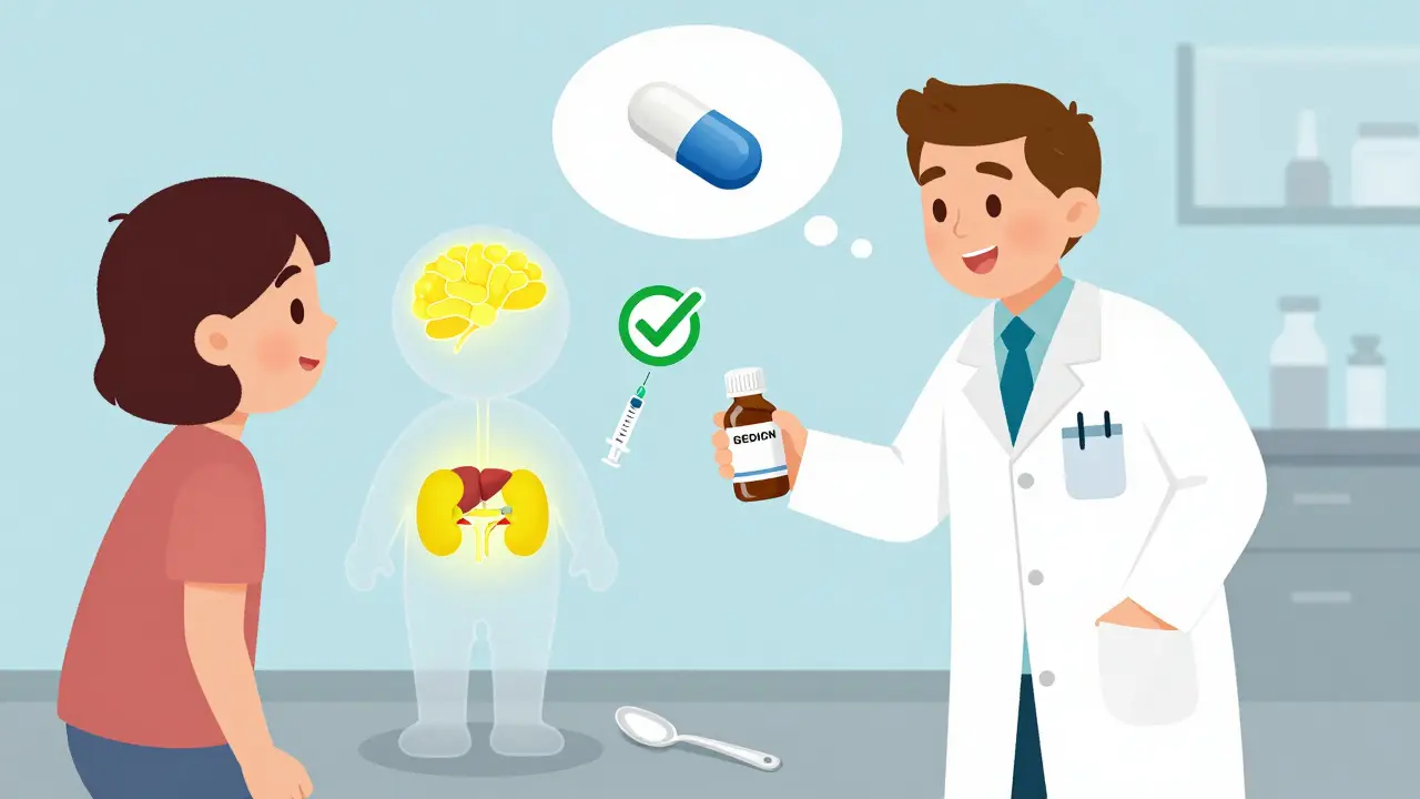 Pharmacist giving medicine to a parent while a child's internal organs glow with warning signs, and an oral syringe shines beside a spilled spoon.