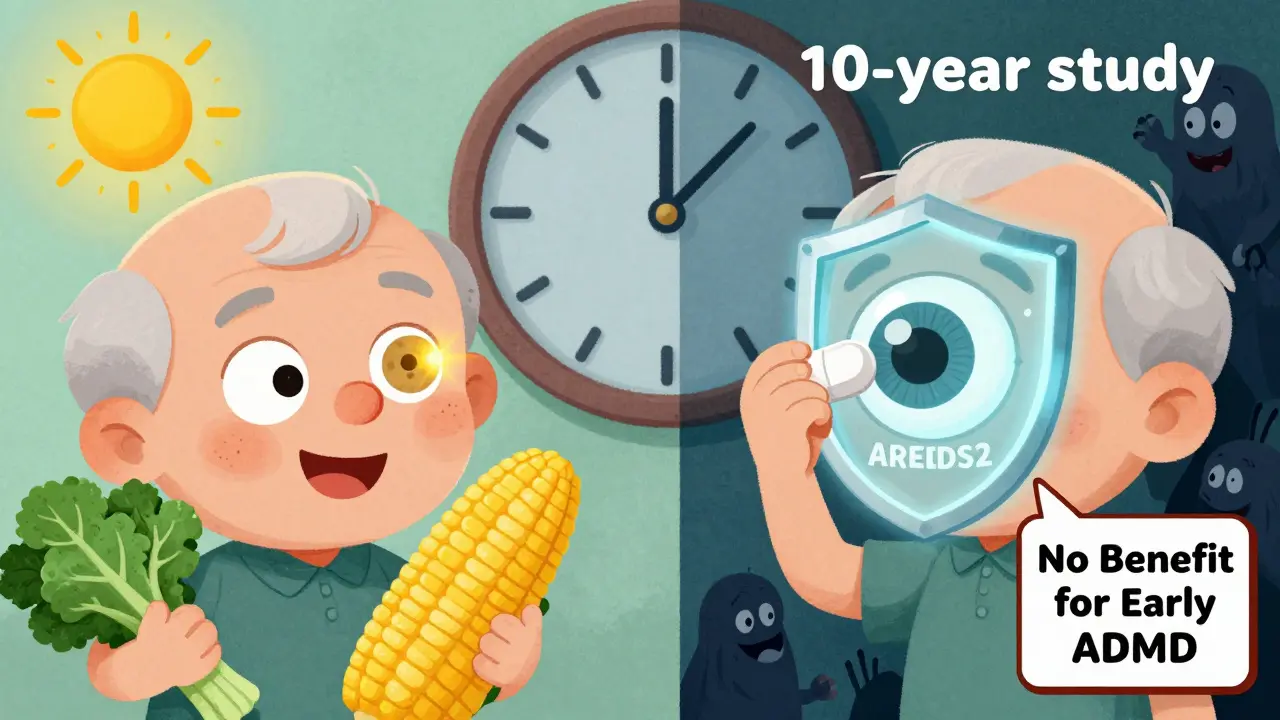 Split scene: senior eating healthy foods vs. taking AREDS2 pill with glowing shield protecting eye from AMD Monster, warning sign about early AMD.