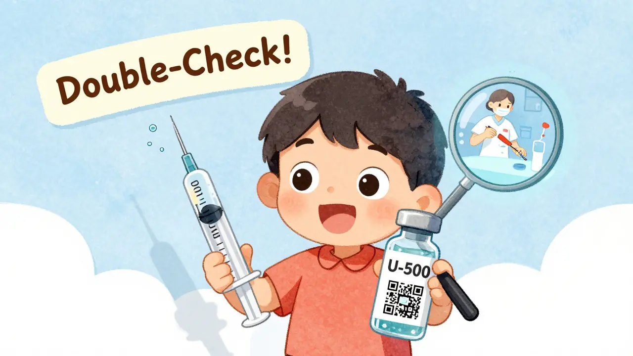 Two insulin syringes labeled U-100 and U-500, with a QR code showing a video guide to prevent dosing errors.