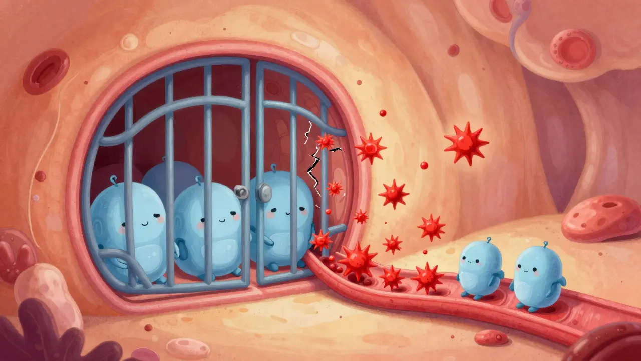 Whimsical art of blocked enzymes and particles entering a vessel.