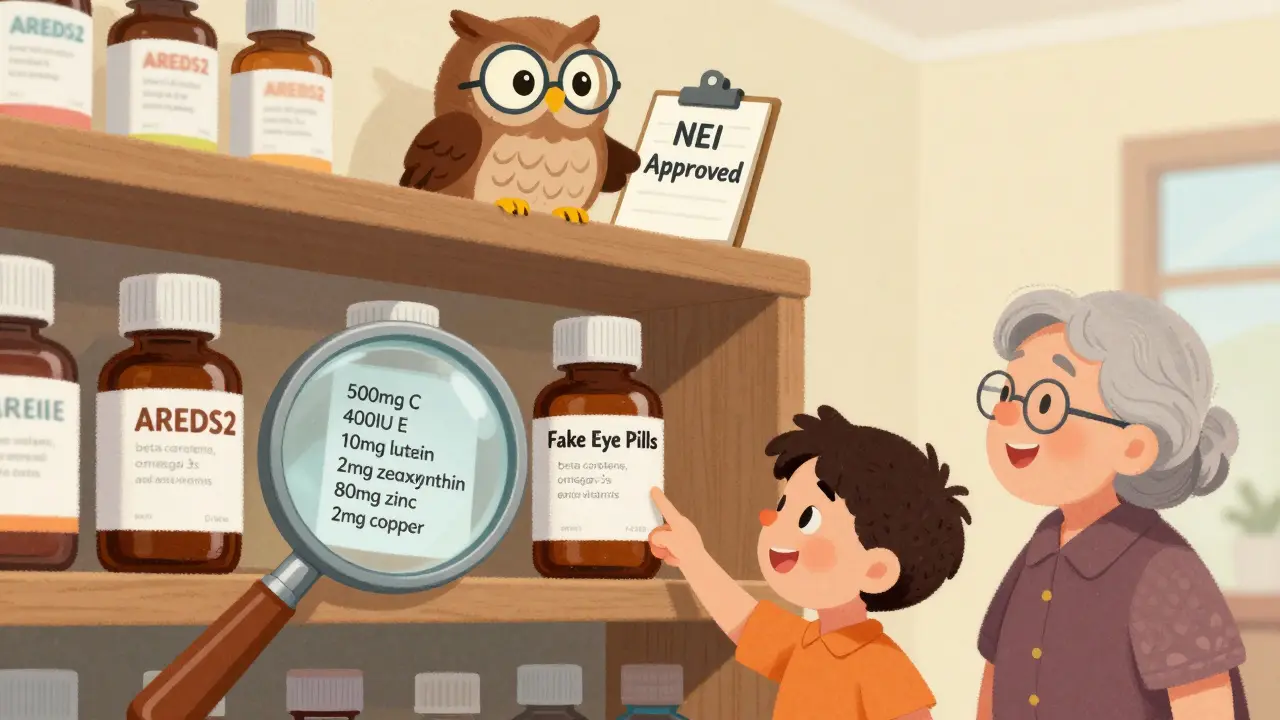 Whimsical pharmacy shelf with correct and fake supplements, wise owl holding NEI-approved clipboard, child and grandparent choosing the right bottle.