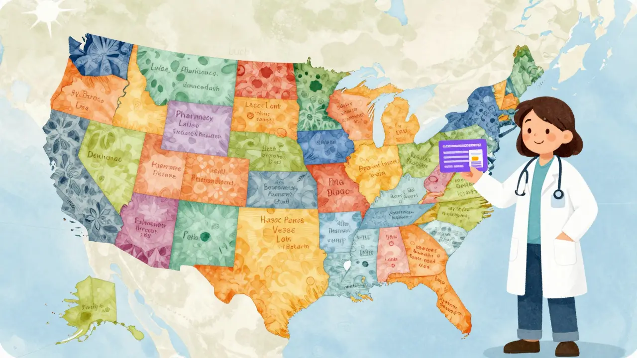 A colorful patchwork map of the US with a pharmacist holding matching purple cards.
