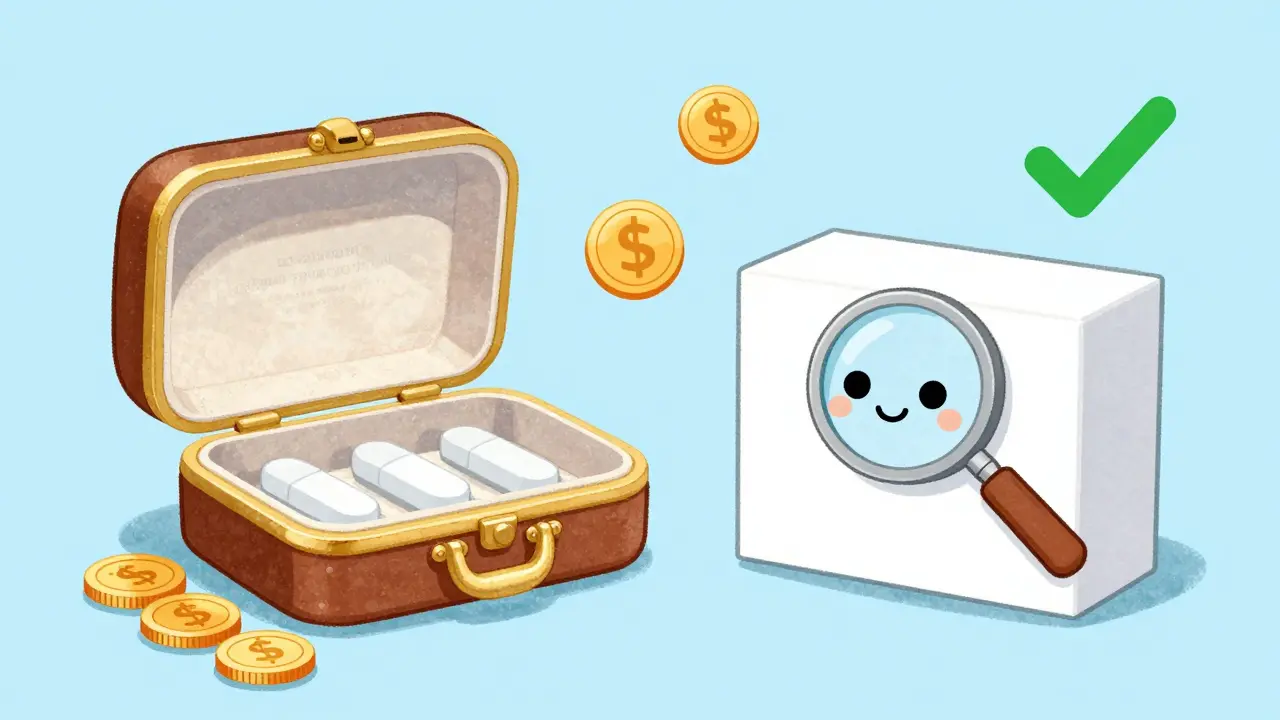 A comparison between a brand-name and generic medicine box showing they are equal