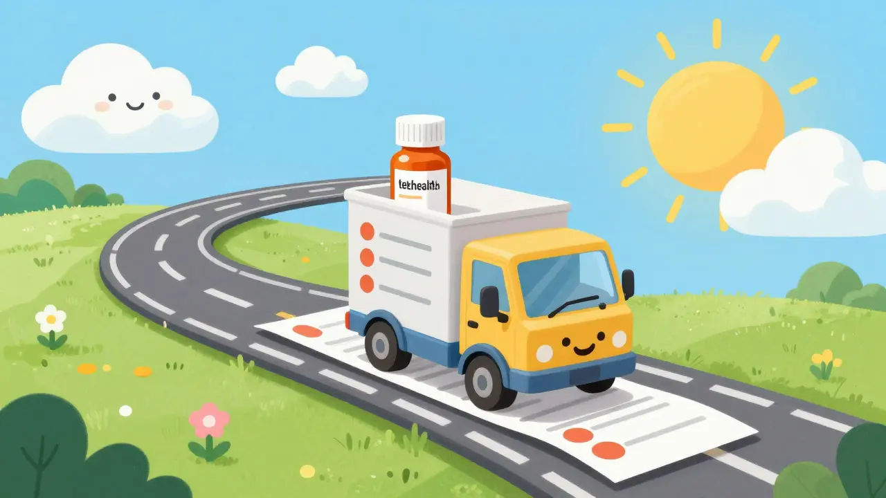 A cute delivery truck transporting medication along a prescription paper road