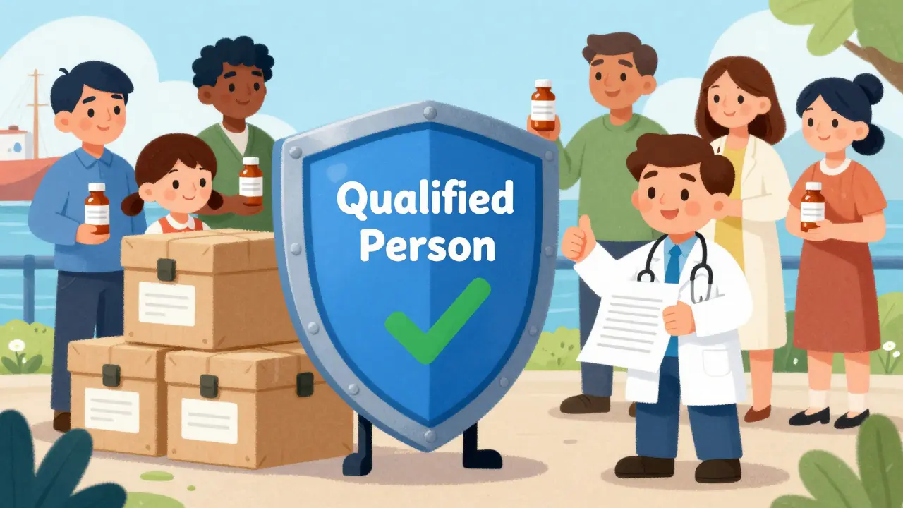 A professional certifying medicine crates with a green checkmark for safety.