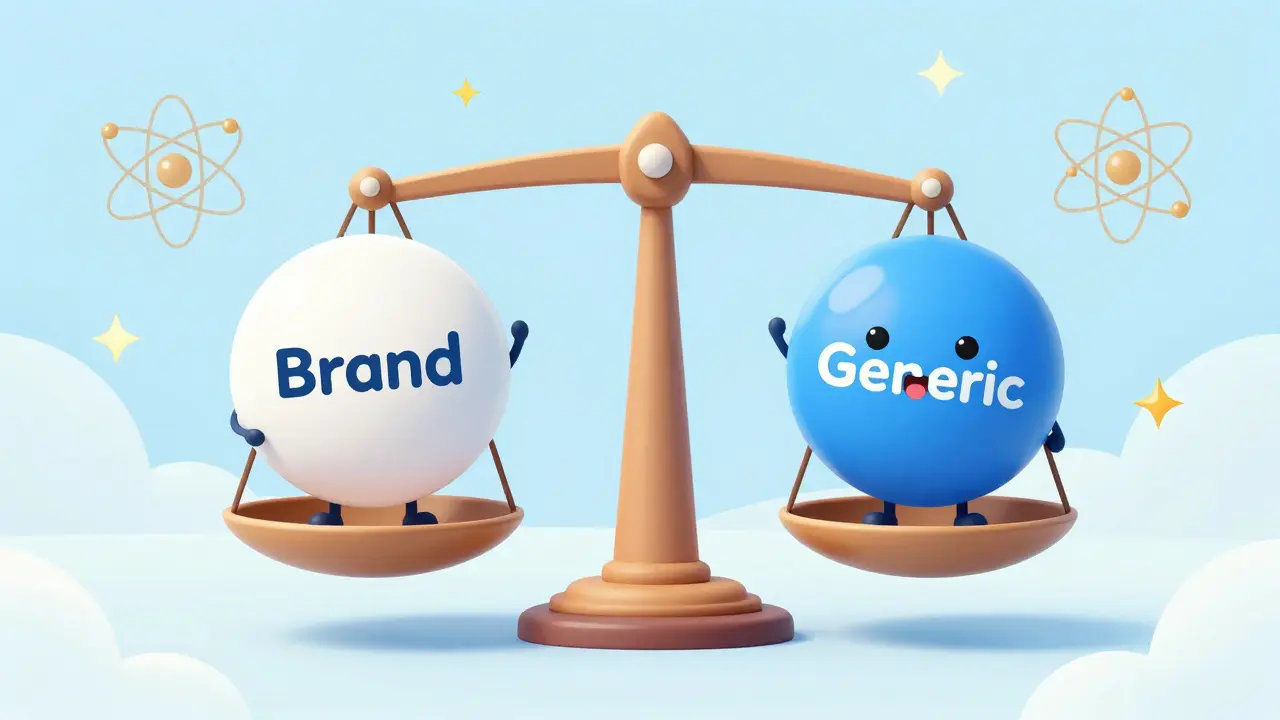 A white pill and a blue pill balanced on a scale to show they have the same effect.