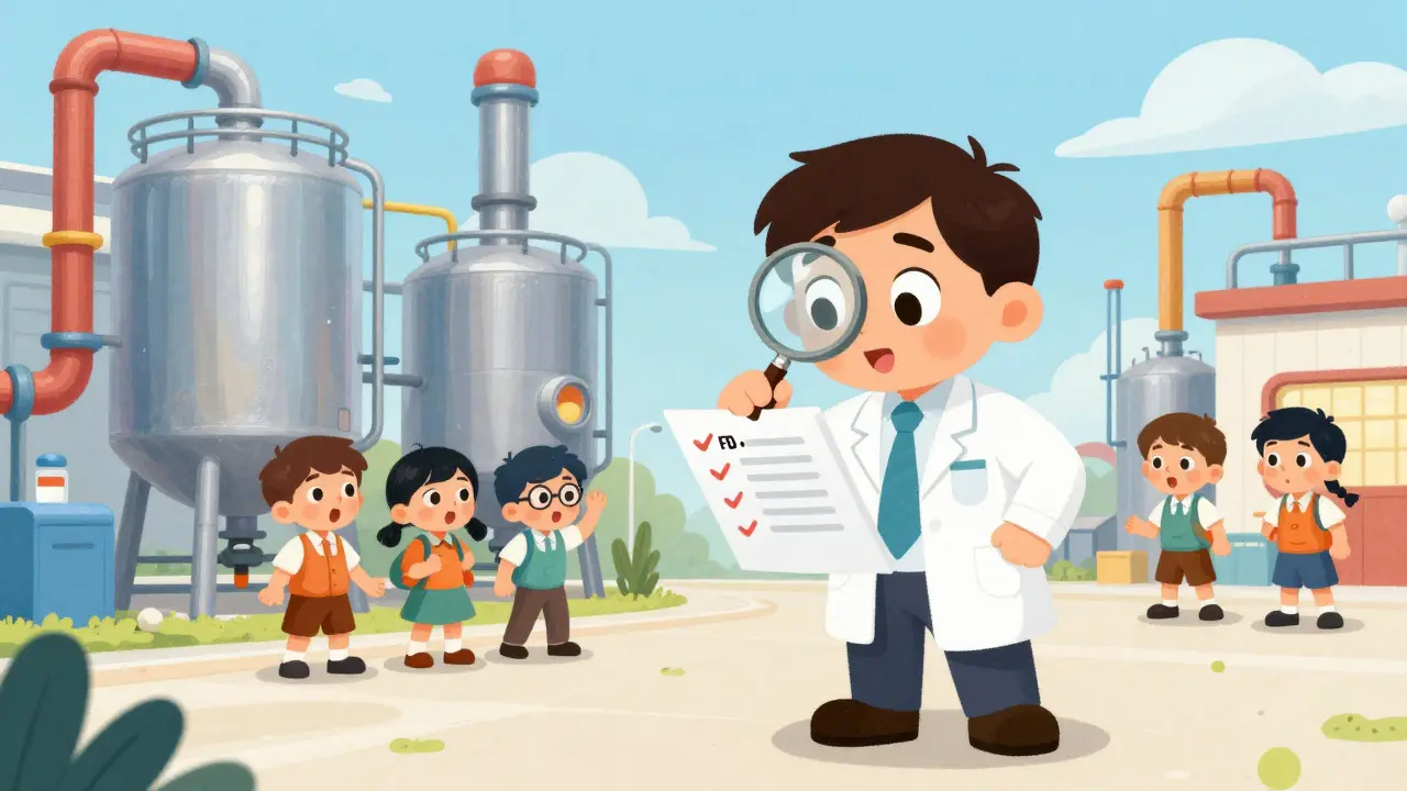 An FDA inspector with a magnifying glass visiting a colorful pharmaceutical factory.