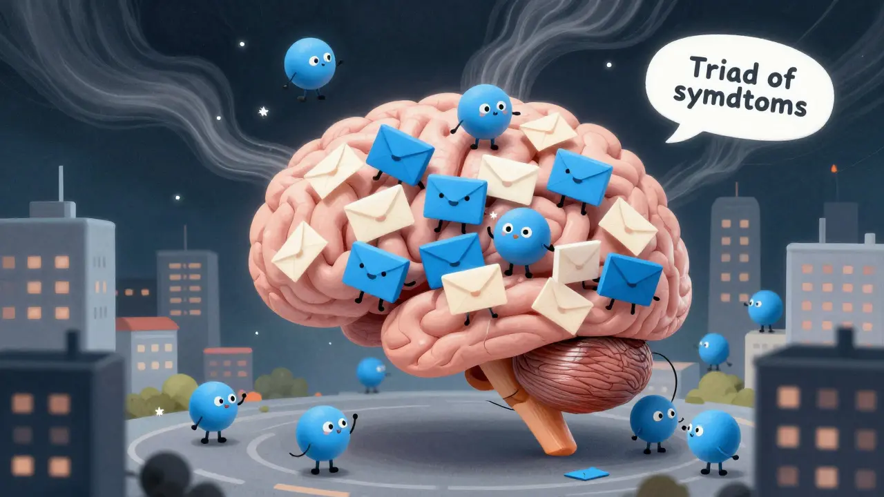 Cartoon depiction of an overflow of serotonin messengers causing chaos in the brain