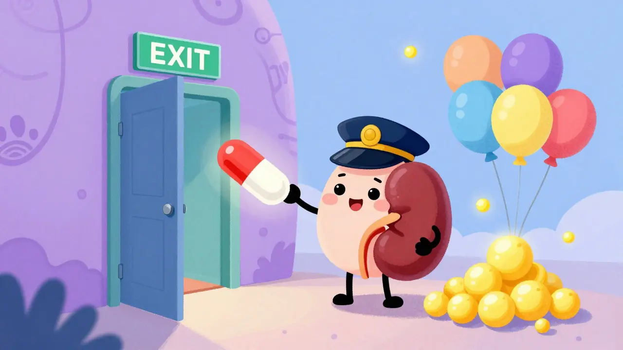 Cartoon kidney closing a door to potassium spheres.