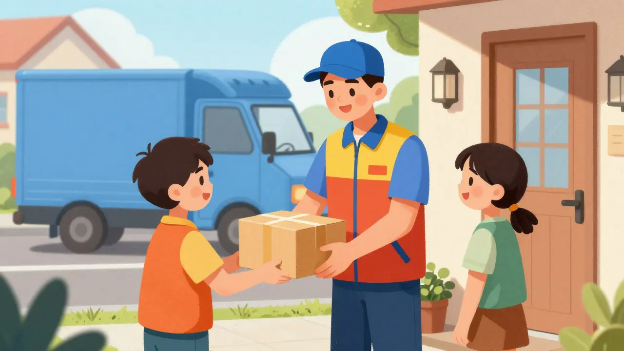 Cheerful illustration of a delivery person delivering a package to a happy customer at home.