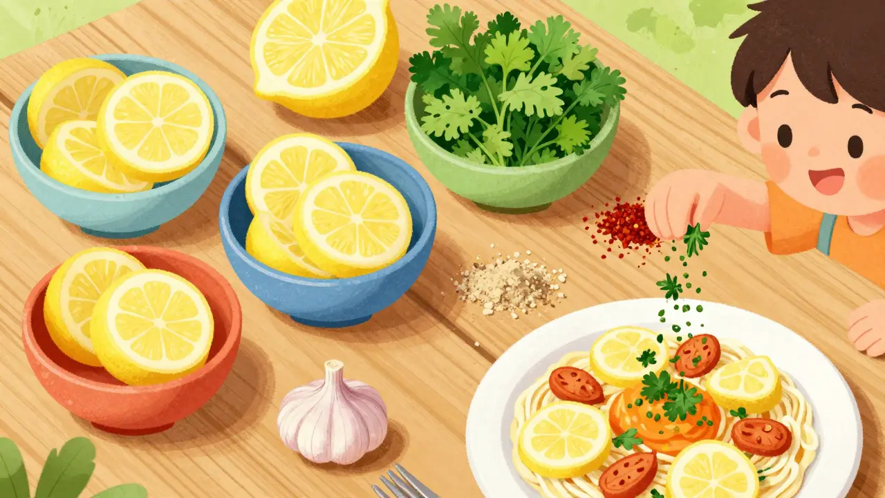 Colorful bowls of fresh herbs, lemons, and spices on a table.