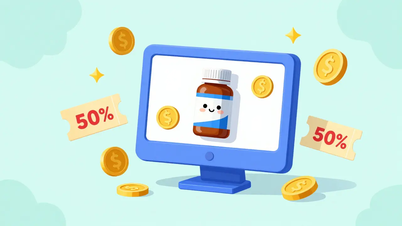 Colorful drawing of a computer screen showing medication and floating discount coupons.