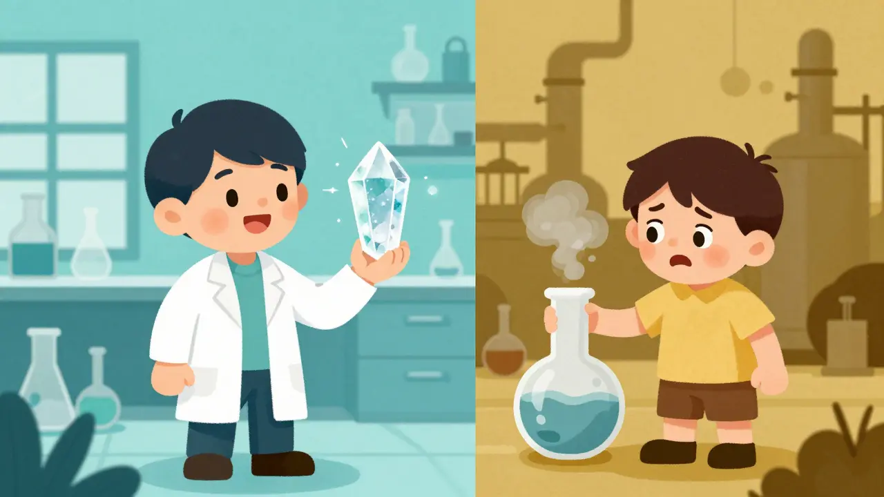 Comparison between a pure laboratory crystal and a cloudy, impure chemical mixture.