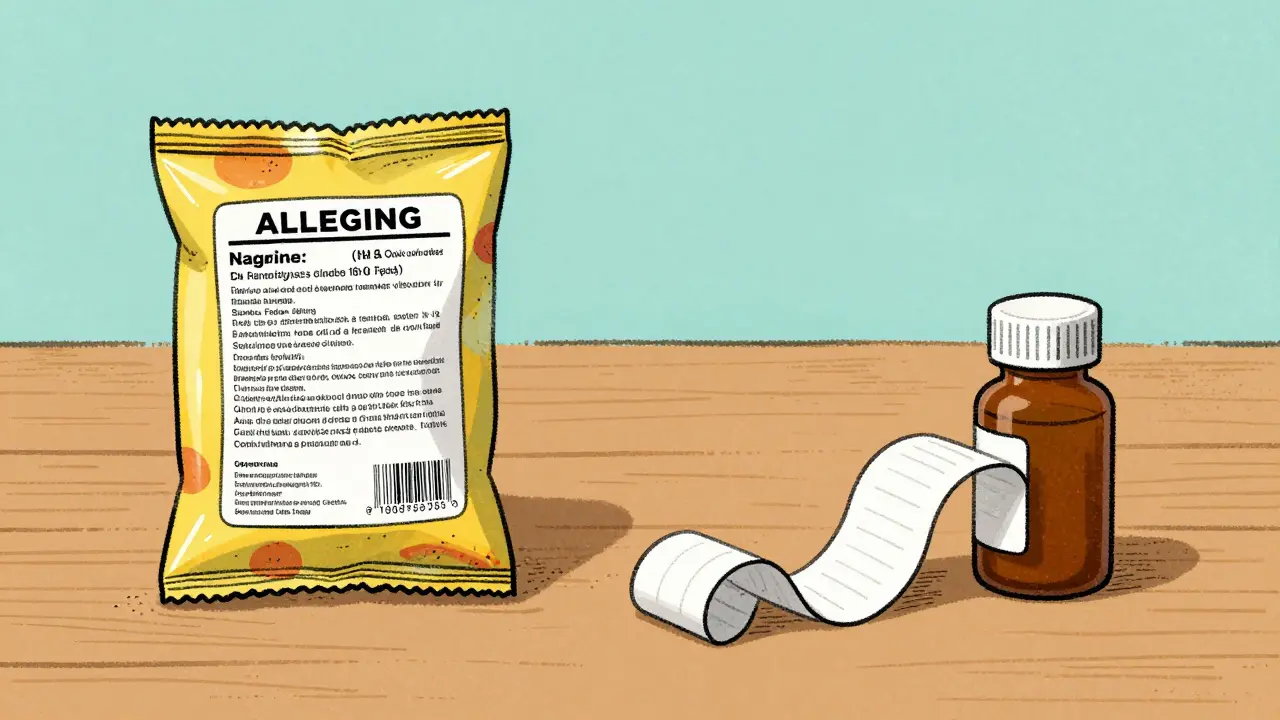 Comparison of a clear food label and a long, unfolding medication ingredient insert.