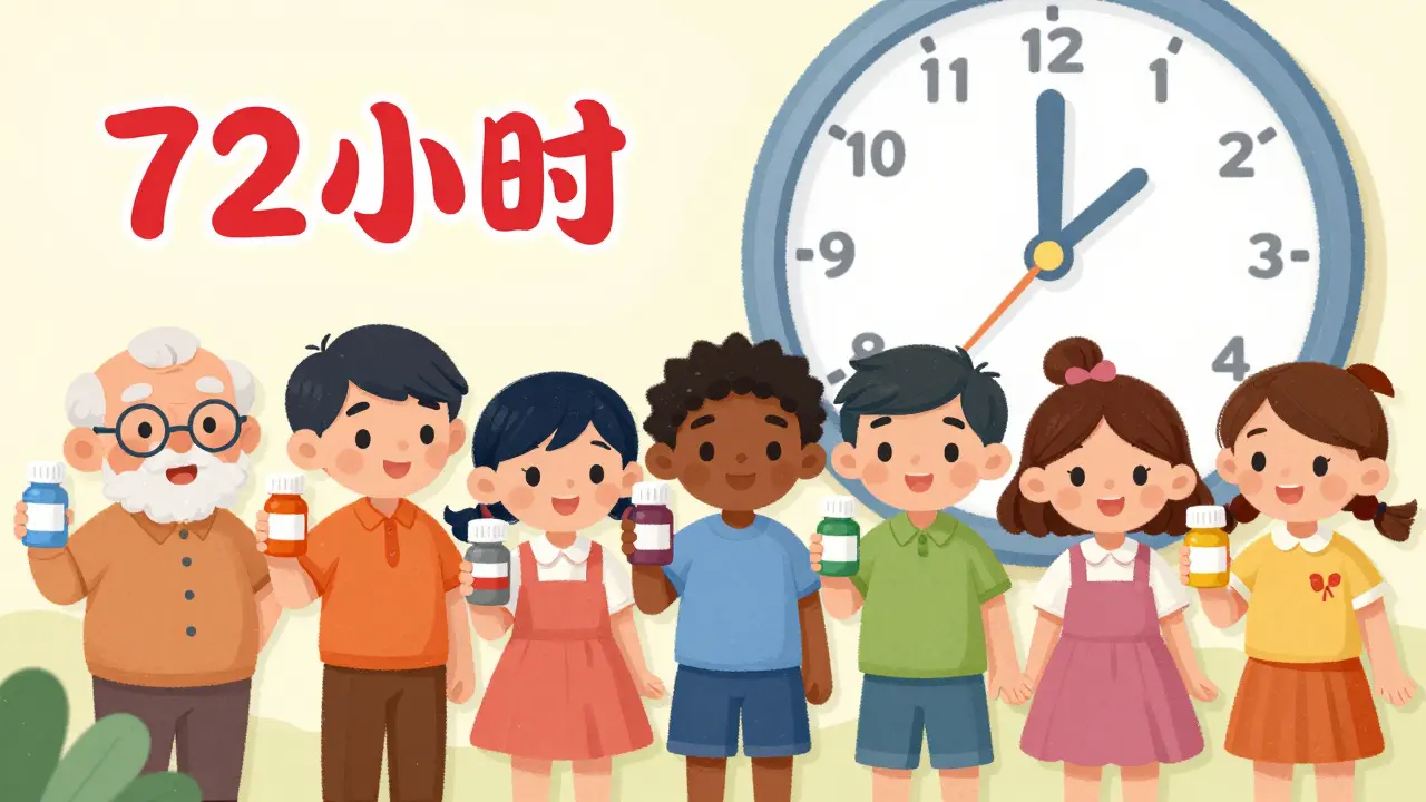 Diverse people with medicine bottles standing by a clock highlighting the first 72 hours.