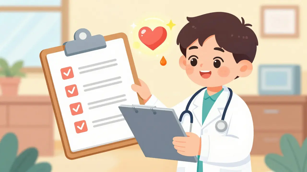 Friendly doctor with a safety checklist next to a heart and blood drop icon.