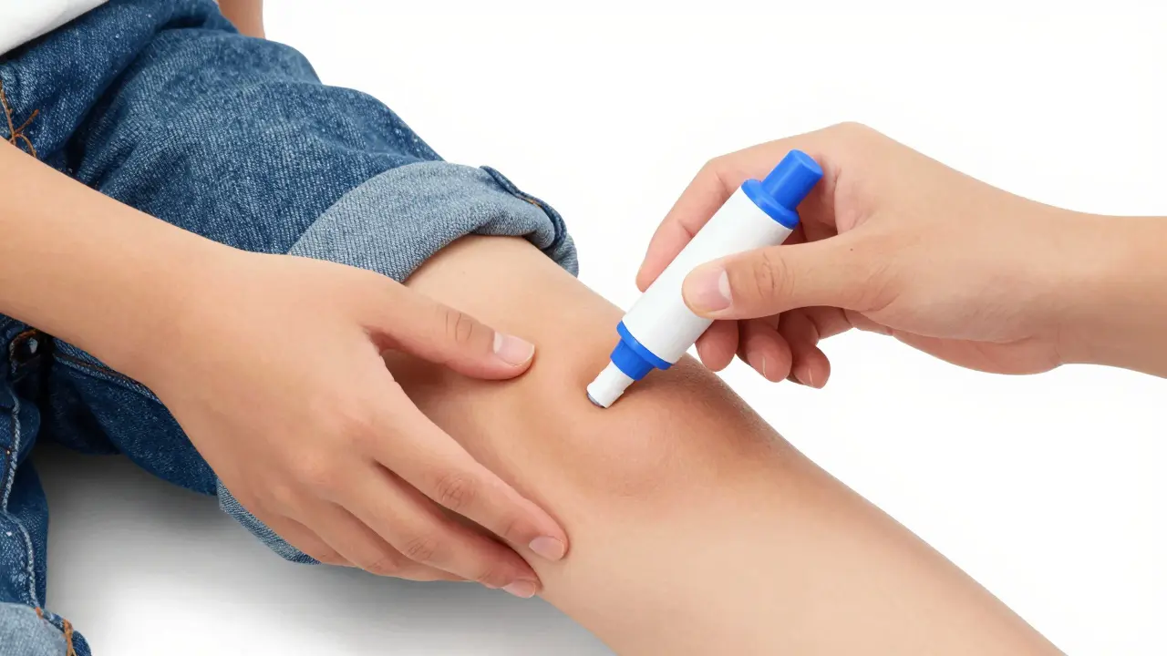 Hand administering an epinephrine auto-injector into the outer thigh