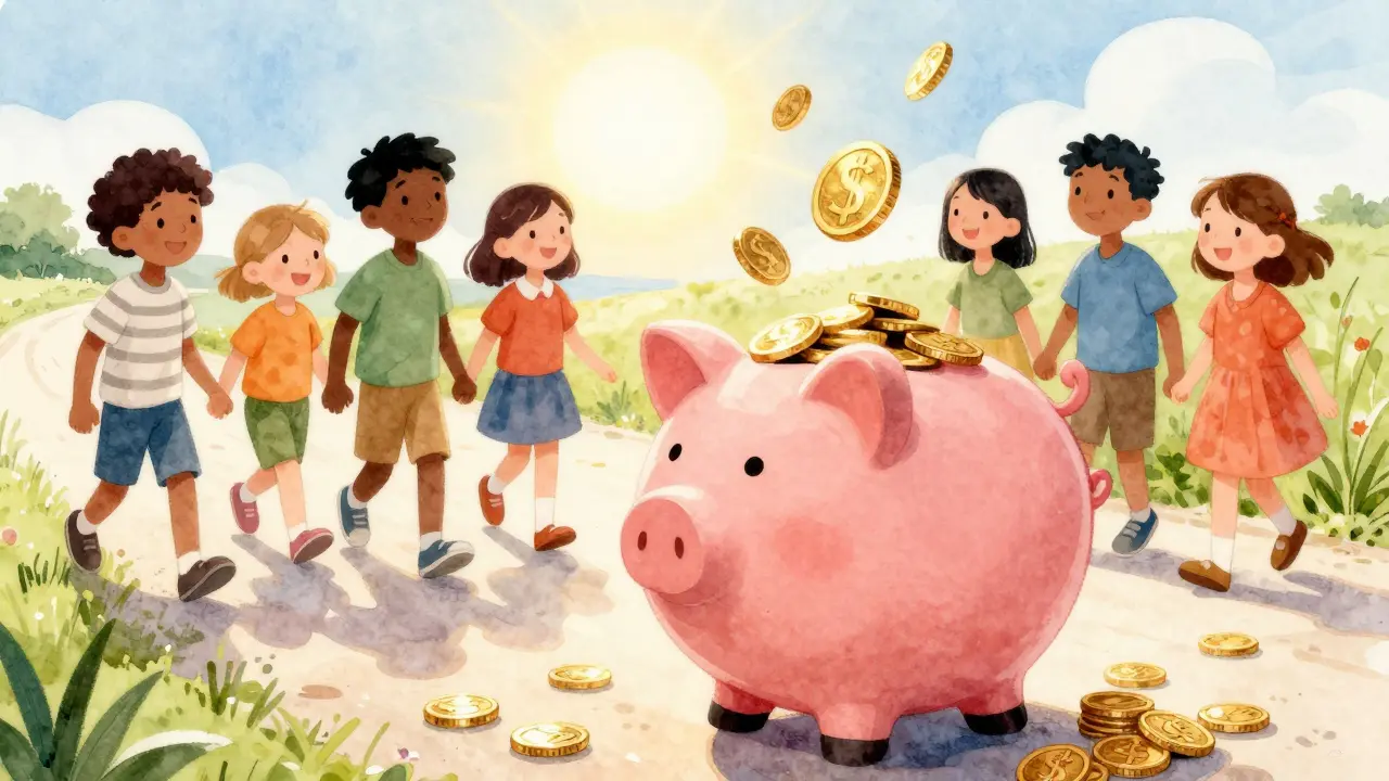Happy people walking toward a horizon with a heart-shaped piggy bank full of coins.