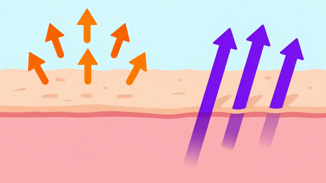 Illustration of short orange UVB rays bouncing and long purple UVA rays penetrating skin.