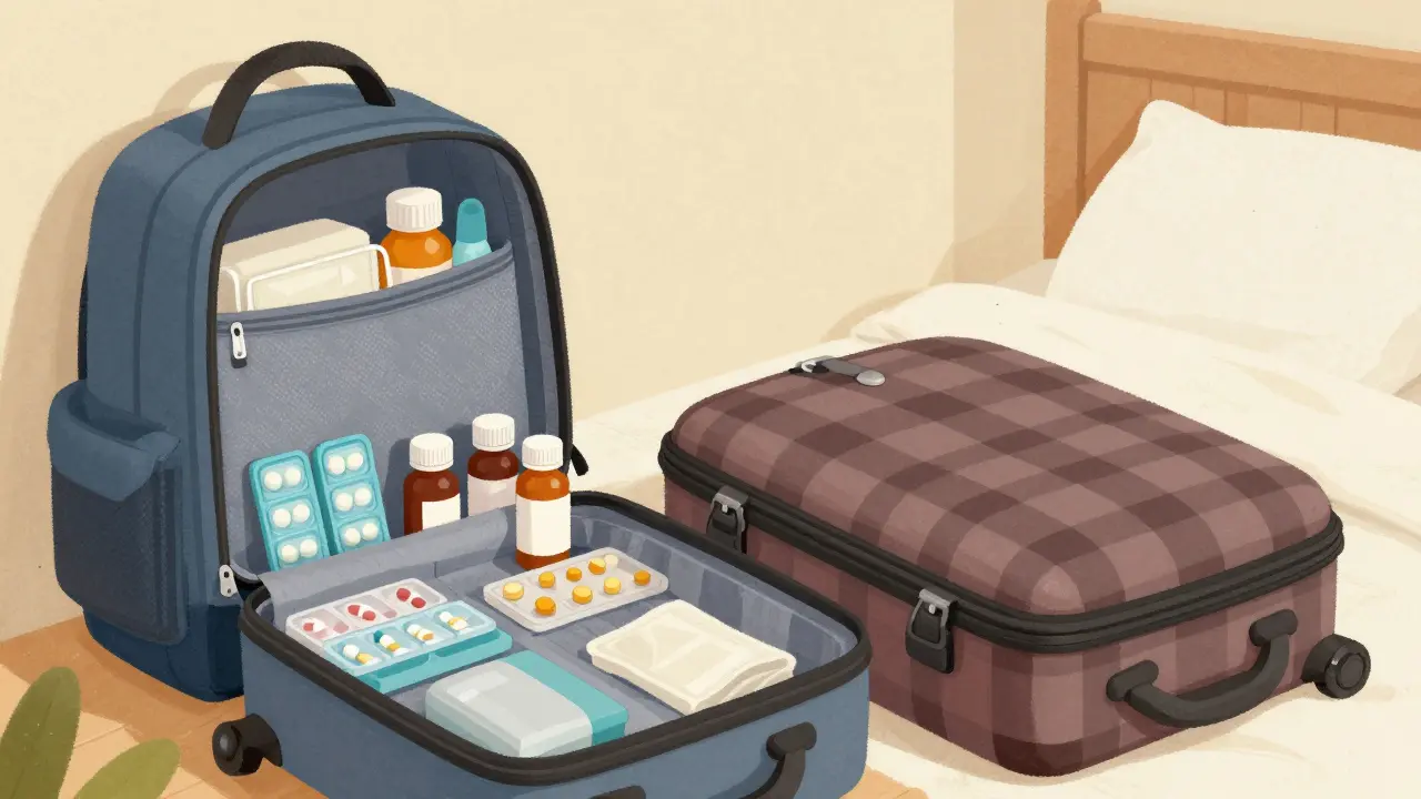 Open carry-on bag containing organized prescription medications and supplies.