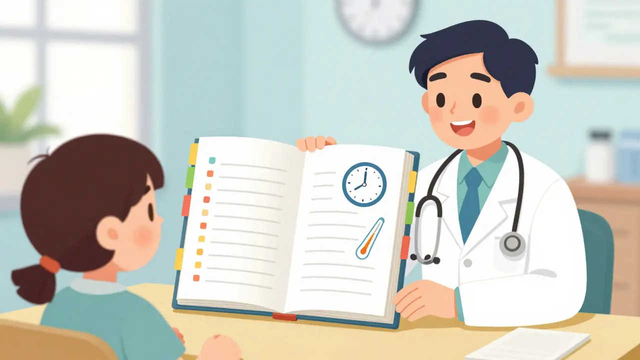 Patient showing a colorful symptom log to a friendly doctor in a clinic
