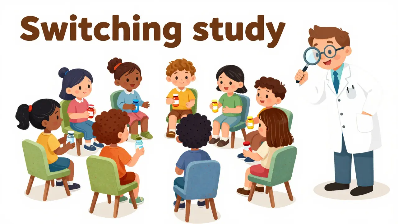 Patients playfully swapping colorful medicine vials in a scientific switching study.