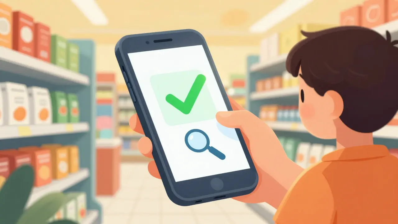 Person using a smartphone app to scan a product label for allergens in a store.