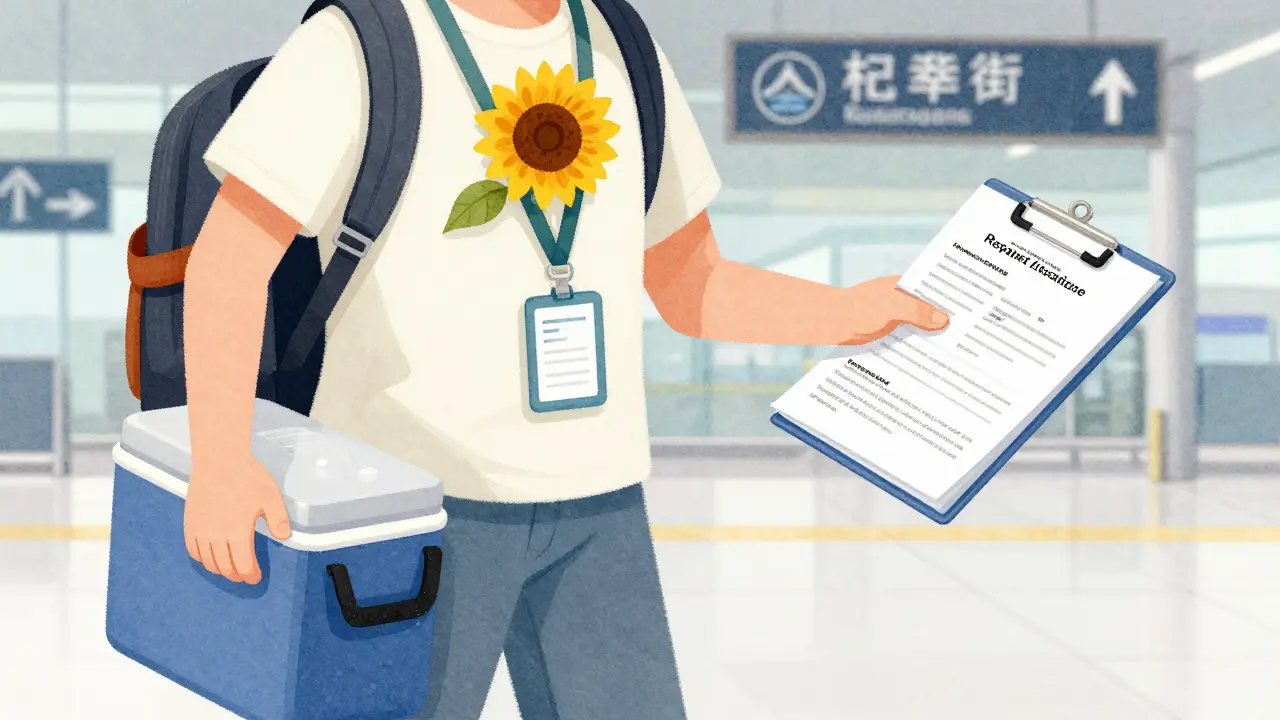 Traveler with sunflower lanyard holding medical cooler at border crossing.