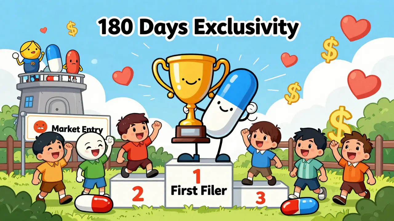 A generic pill wins a golden trophy for exclusivity in a vibrant illustrated race.