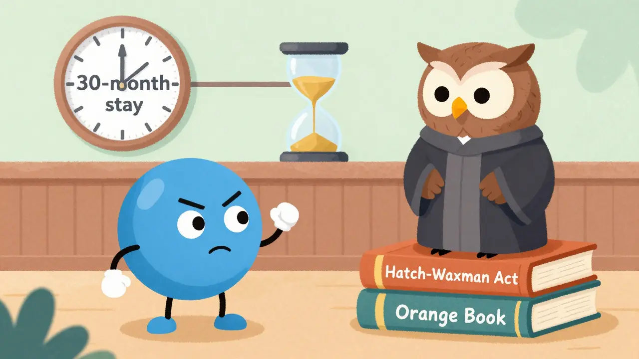 A whimsical courtroom scene with drug molecules and an owl judge in a cartoon style.
