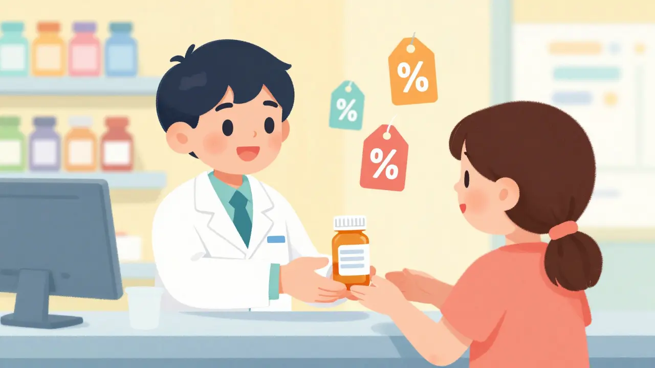 Cartoon pharmacist handing medicine to a customer with floating discount symbols.