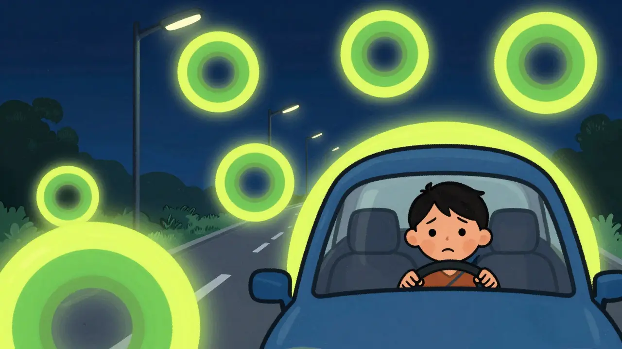 Character driving at night, seeing large green halos around streetlights.