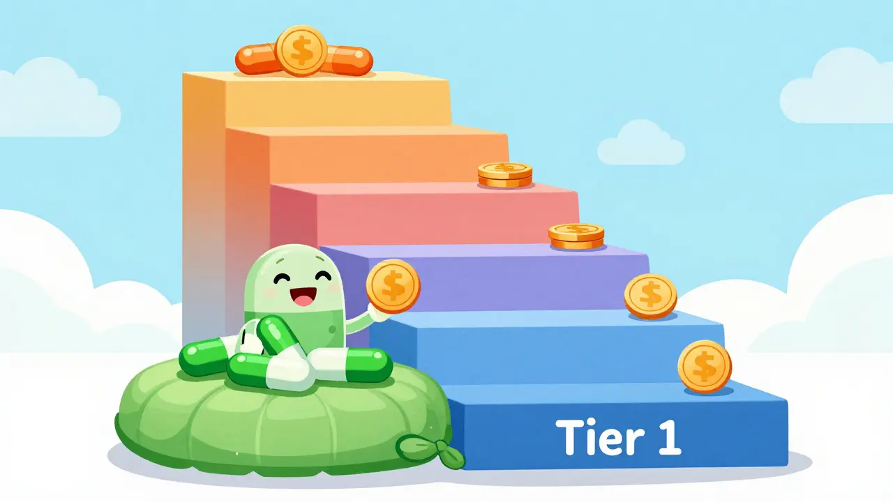 Colorful stairs representing drug cost tiers with pills on each level.