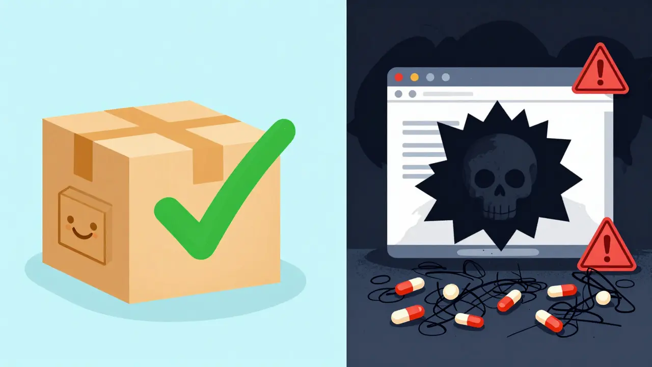 Comparison of safe online pharmacy vs dangerous scam site