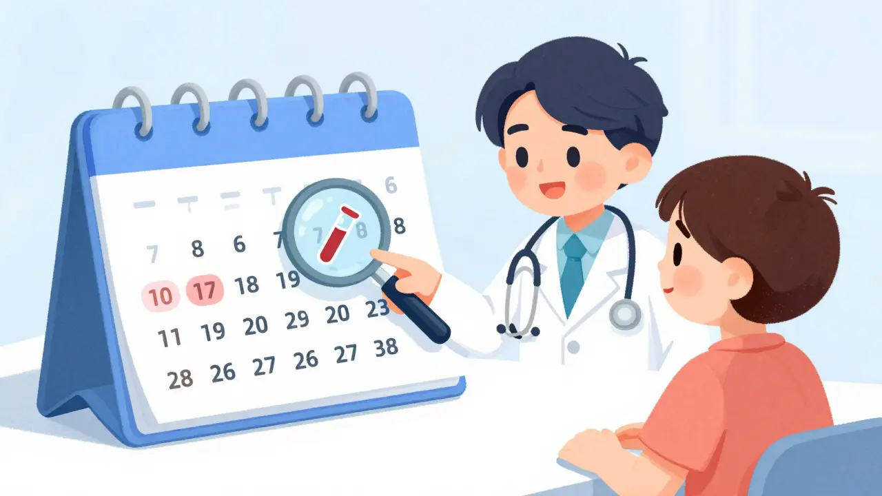 Doctor and patient reviewing calendar and blood tests for medication safety