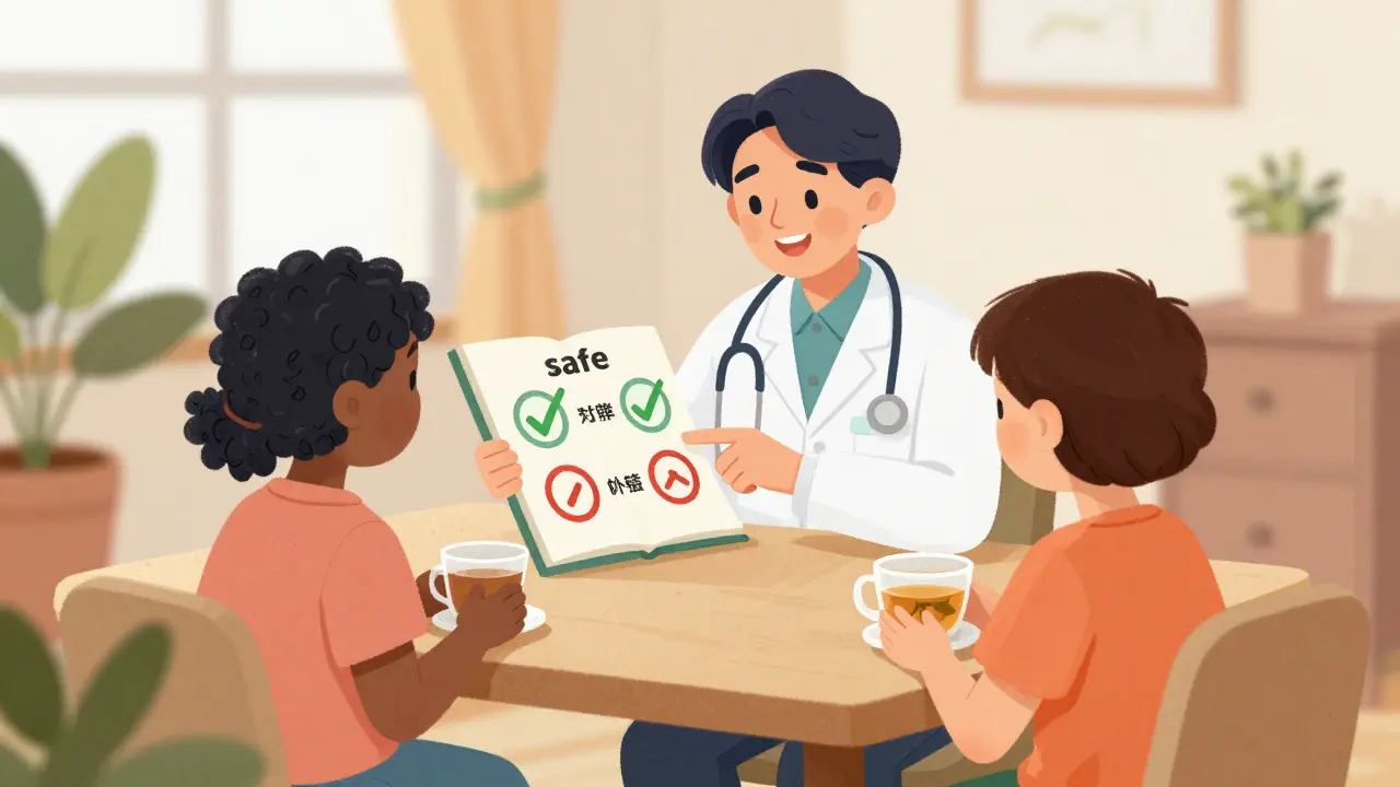 Doctor explaining safe medication choices to a pregnant patient in a cozy office